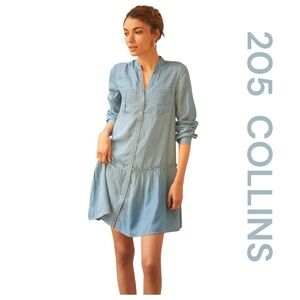205 COLLINS Blue 100% Tencel Denim-Look Dress, Long Sleeve, Size M.